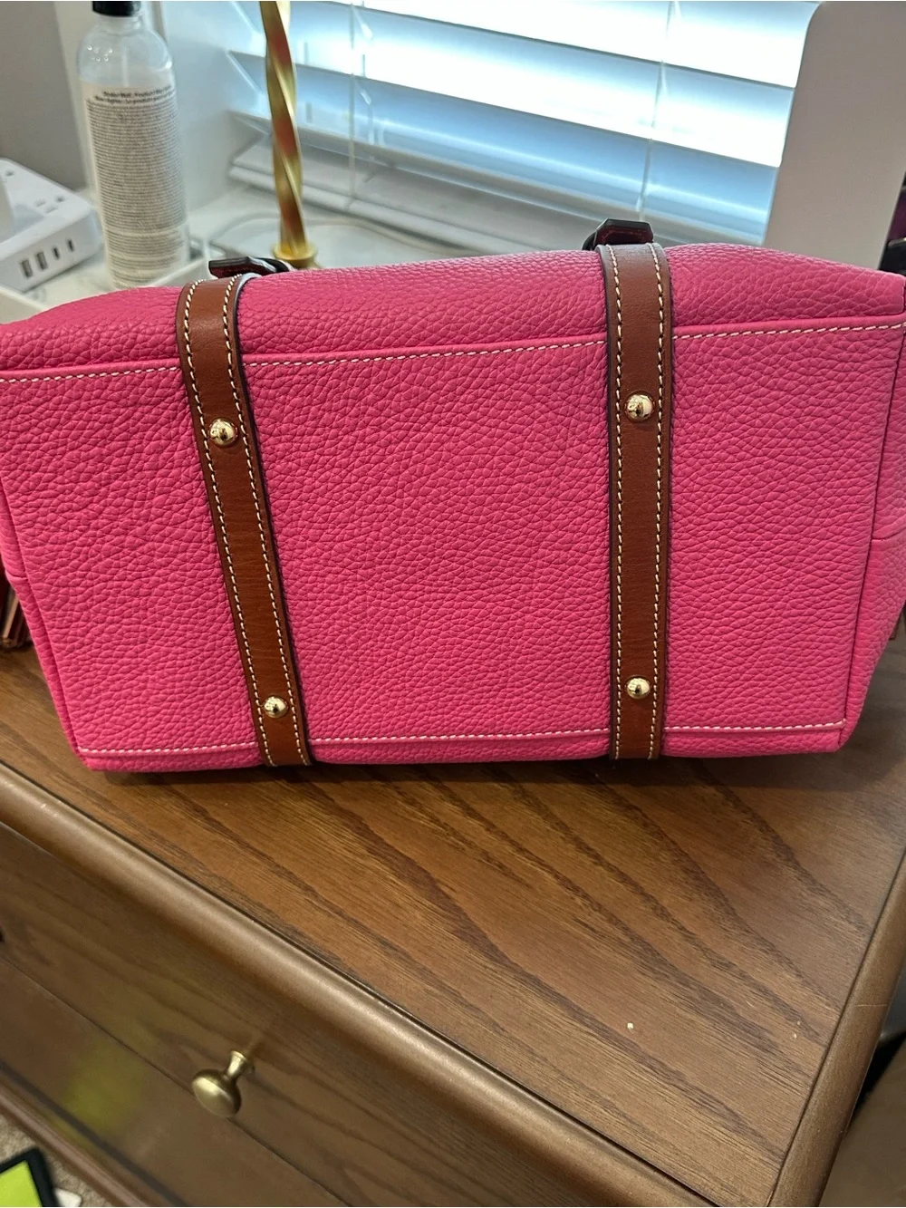 Dooney & Bourke Hot Pink Pebble Leather Satchel with Tan Trim